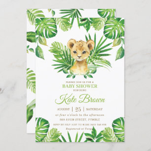 Cute Lion Cub Tropical Greenery Boy Baby shower Kaart