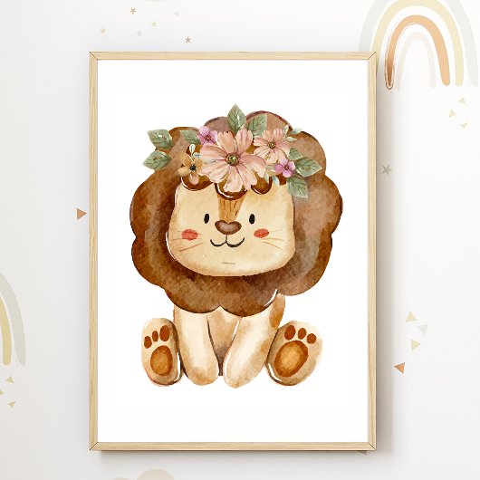 Cute Lion Flowers Nursery Poster Kinder Room Decor