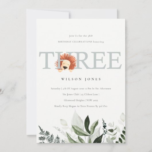 Cute Lion Foliage 3rd Derde verjaardag Uitnodiging (Voorkant)