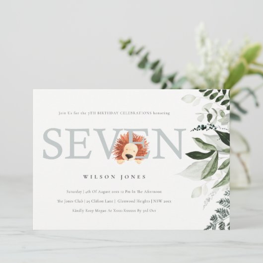 Cute Lion Foliage 7th Seven Birthday Party Invite Bedankkaart (Staand voorkant)