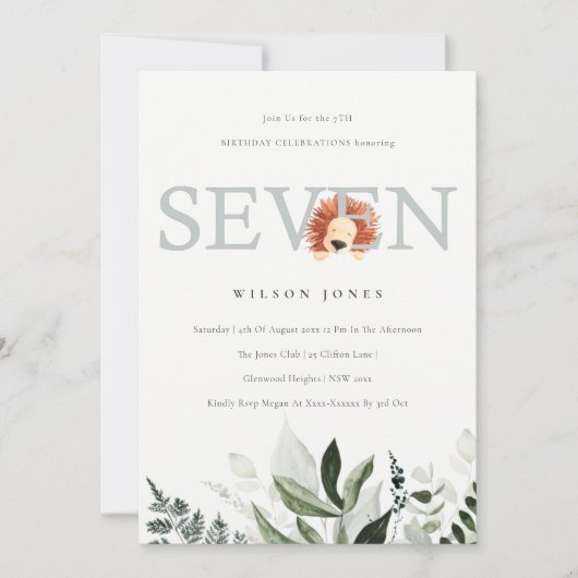 Cute Lion Foliage 7th Seven Birthday Party Invite Bedankkaart (Voorkant)