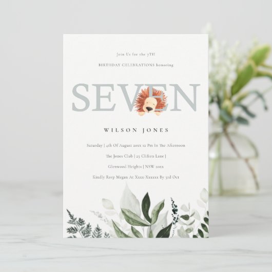 Cute Lion Foliage 7th Seven Birthday Party Invite Bedankkaart (Staand voorkant)