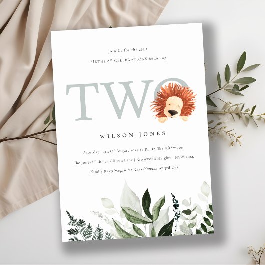 Cute Lion Foliage Second Birthday Party Invite Bedankkaart