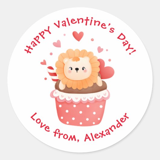 Cute Lion in Cupcake Aangepaste Kinder Valentijnsd Ronde Sticker (Voorkant)