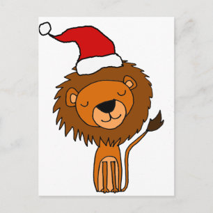 Cute Lion in Santa Hat Christmas Cartoon Feestdagenkaart