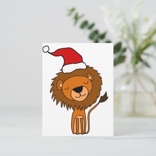 Cute Lion in Santa Hat-kerstCartoon Feestdagenkaart (Staand voorkant)