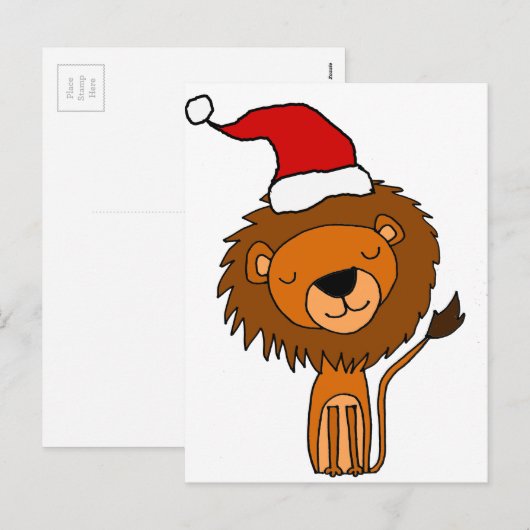 Cute Lion in Santa Hat-kerstCartoon Feestdagenkaart (Voorkant / Achterkant)