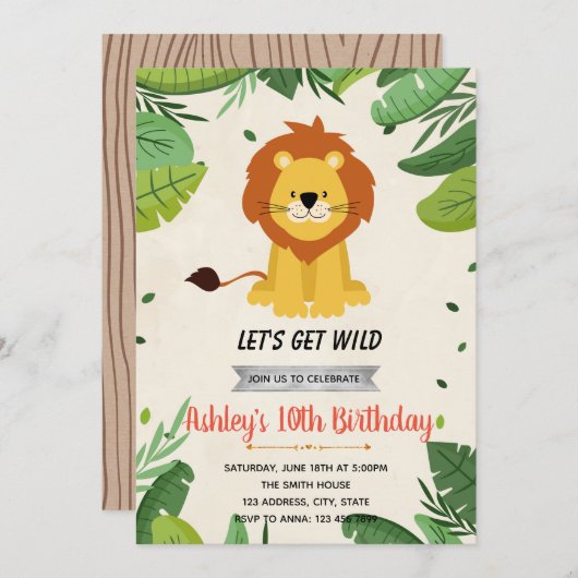 Cute lion jarig party-uitnodiging kaart (Voorkant / Achterkant)