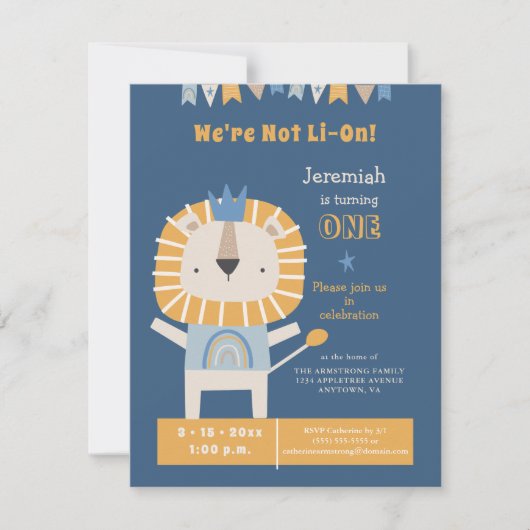 Cute Lion One Year Boy Birthday Party Invitation (Voorkant)
