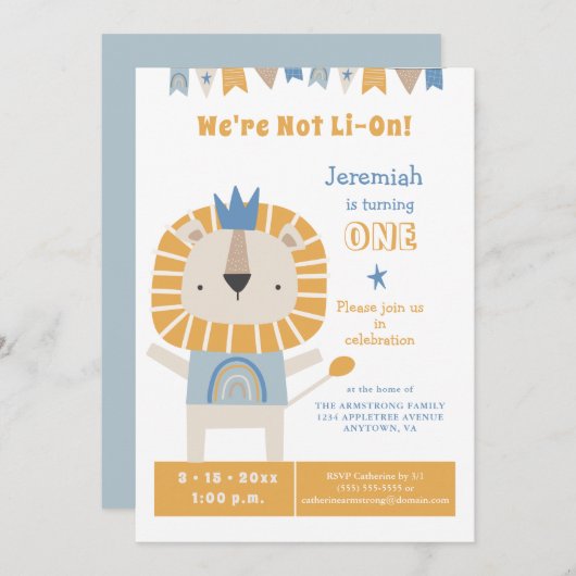 Cute Lion One Year Boy Birthday Party Invitation Kaart (Voorkant / Achterkant)