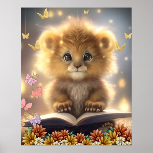 Cute Lion Reading a book Art Nursery Poster (Voorkant)