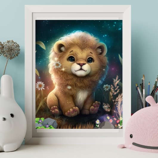 Cute Lion Sitting on a Rock Sterrennacht Art Poster