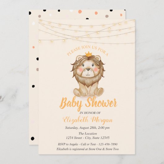 Cute Lion, String Lights, Stippen Baby shower Kaart (Voorkant / Achterkant)