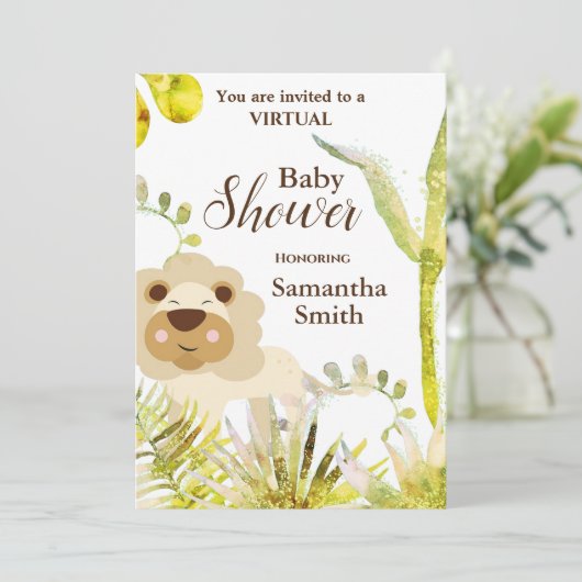 Cute Lion Tropical Floral Art Virtual Baby shower Kaart (Staand voorkant)