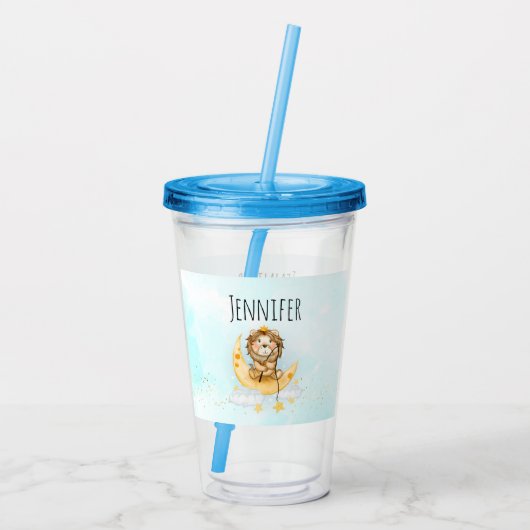 Cute Lion Vist op de maan Waterverf Acryl Drinkbeker (Achterkant)