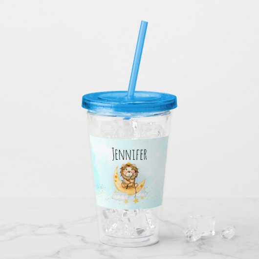 Cute Lion Vist op de maan Waterverf Acryl Drinkbeker (Achterkant ijs)