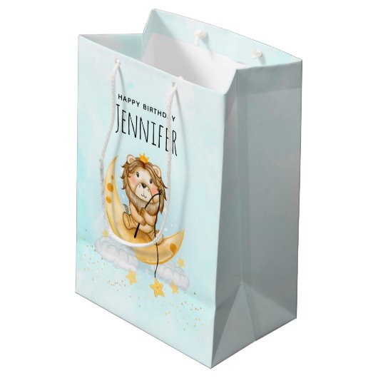 Cute Lion Vist op de maan Waterverf Birthday Medium Cadeauzakje (Achterkant Gekanteld)