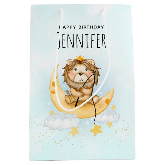 Cute Lion Vist op de maan Waterverf Birthday Medium Cadeauzakje (Voorkant)