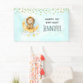 Cute Lion Vist op de maan Waterverf Birthday Spandoek (Insitu)