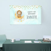 Cute Lion Vist op de maan Waterverf Birthday Spandoek (Beurs)