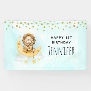 Cute Lion Vist op de maan Waterverf Birthday Spandoek