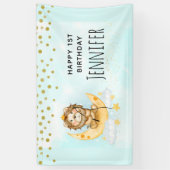 Cute Lion Vist op de maan Waterverf Birthday Spandoek (Verticaal)