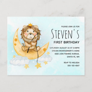 Cute Lion Vist op de maan Waterverf Birthday Uitnodiging Briefkaart