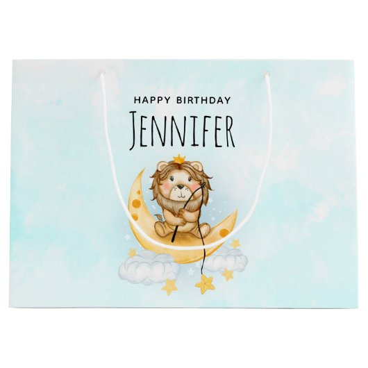 Cute Lion Vist op de maan Waterverf Groot Cadeauzakje (Voorkant)