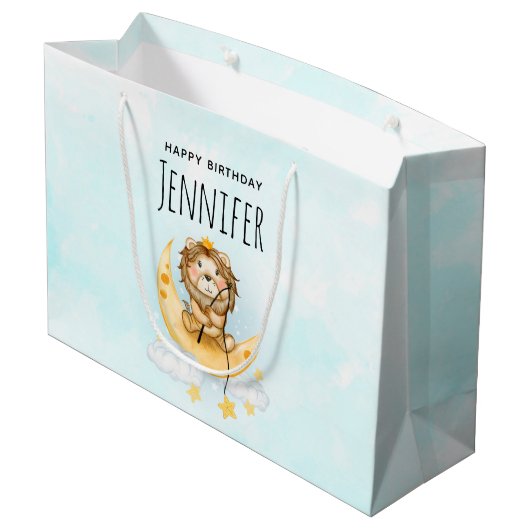 Cute Lion Vist op de maan Waterverf Groot Cadeauzakje (Achterkant Gekanteld)