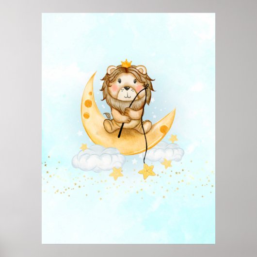 Cute Lion Vist op de maan Waterverf Poster (Voorkant)