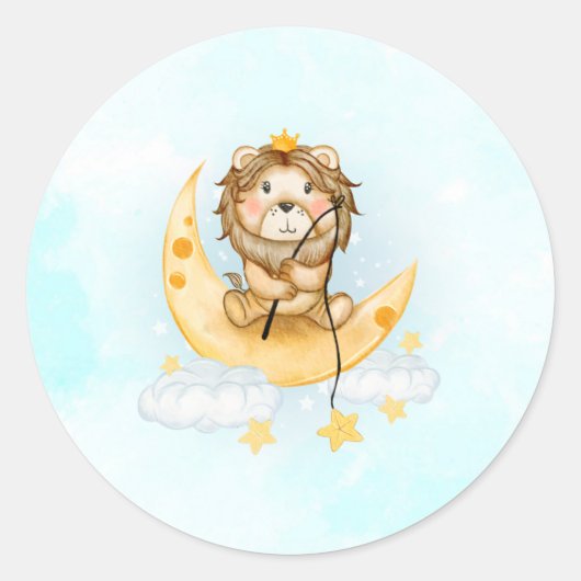 Cute Lion Vist op de maan Waterverf Ronde Sticker (Voorkant)