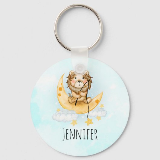 Cute Lion Vist op de maan Waterverf Sleutelhanger (Voorkant)