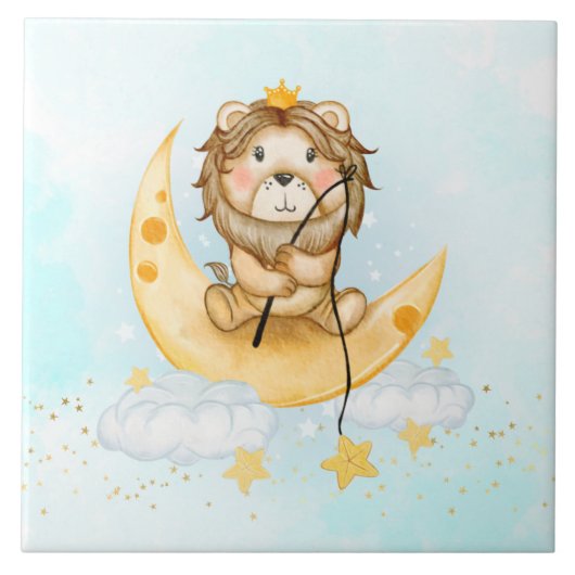 Cute Lion Vist op de maan Waterverf Tegeltje (Voorkant)