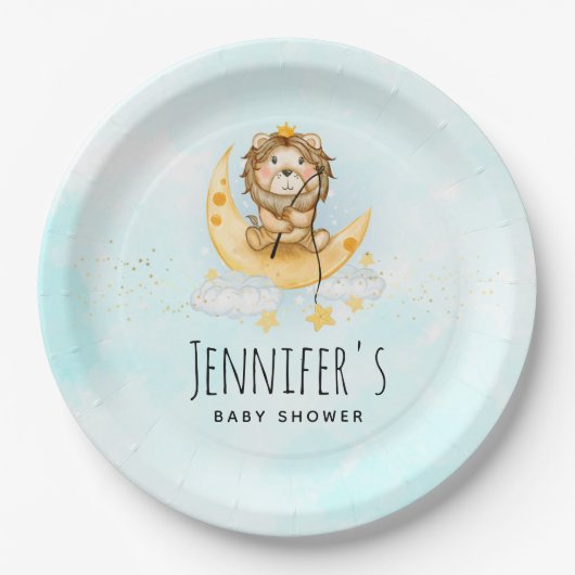 Cute Lion Vist op het maan Baby shower Papieren Bordje (Voorkant)