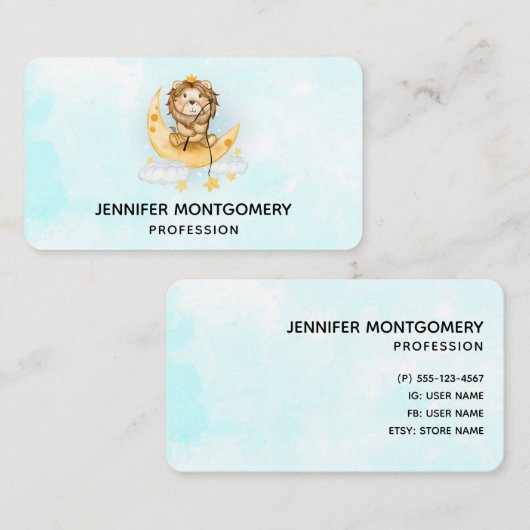 Cute Lion Vist op Moon Waterverf Business Visitekaartje (Voorkant / Achterkant)
