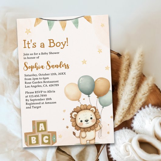 Cute Lion Watercolor Baby Shower Boy Kaart