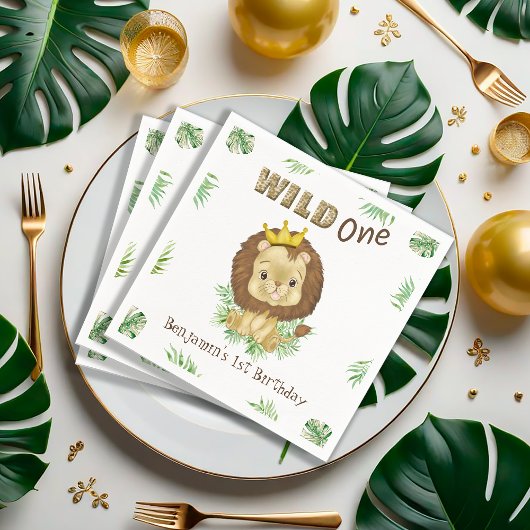 Cute Lion Waterverf 1st Birthday Theme Wild One Servet