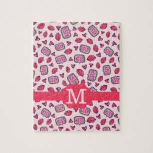 Cute Lips Kusjes & Hart Doodles Patroon Monogram Legpuzzel