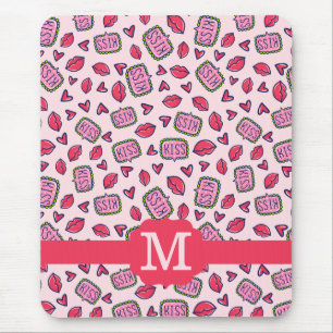 Cute Lips Kusjes & Hart Doodles Patroon Monogram Muismat
