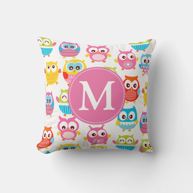 Cute Litte Owls Monogrammed Kussen (Voorkant)