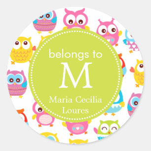 Cute Litte Owls Monogrammed Ronde Sticker