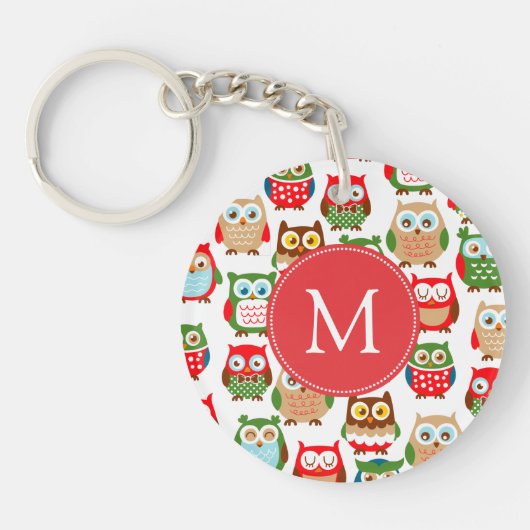 Cute Litte Owls Monogrammed Sleutelhanger (Voorkant)