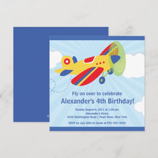 Cute Little Airplane Birthday Party Invitation Kaart (Voorkant / Achterkant)