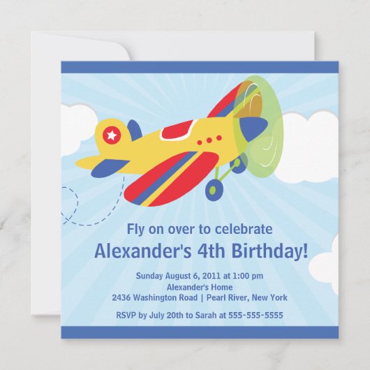 Cute Little Airplane Birthday Party Invitation Kaart (Voorkant)
