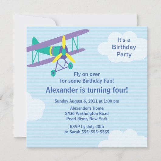 Cute Little Airplane Birthday Party Invitation Kaart (Voorkant)