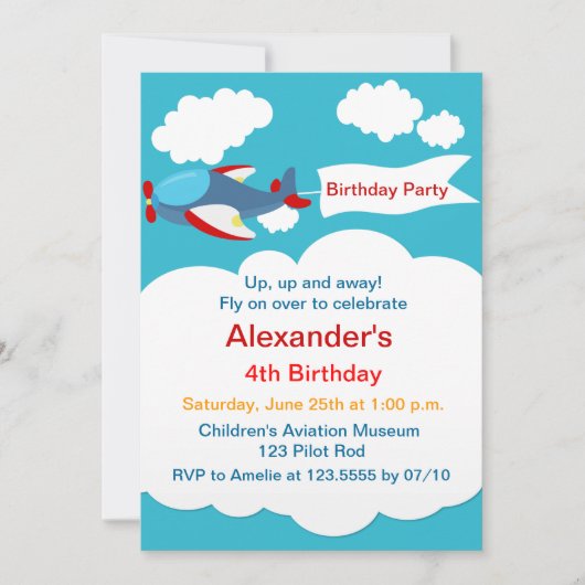 Cute Little Airplane Boy Birthday Invitation Kaart (Voorkant)