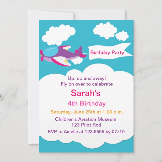 Cute Little Airplane Girl Birthday Invitation Kaart (Voorkant)