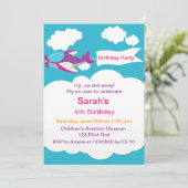 Cute Little Airplane Girl Birthday Invitation Kaart (Staand voorkant)