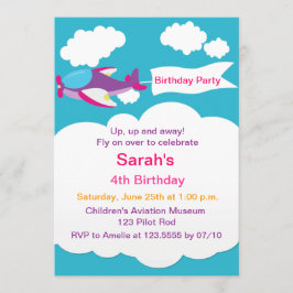 Cute Little Airplane Girl Birthday Invitation Kaart