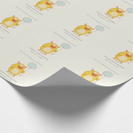 Cute Little Aqua Yellow Happy Monster Baby shower Cadeaupapier (Hoek)